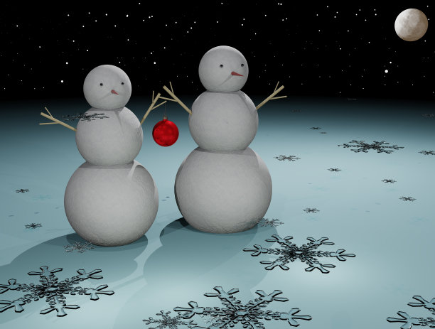 月光下相爱的两个雪人(3D插图)图片下载