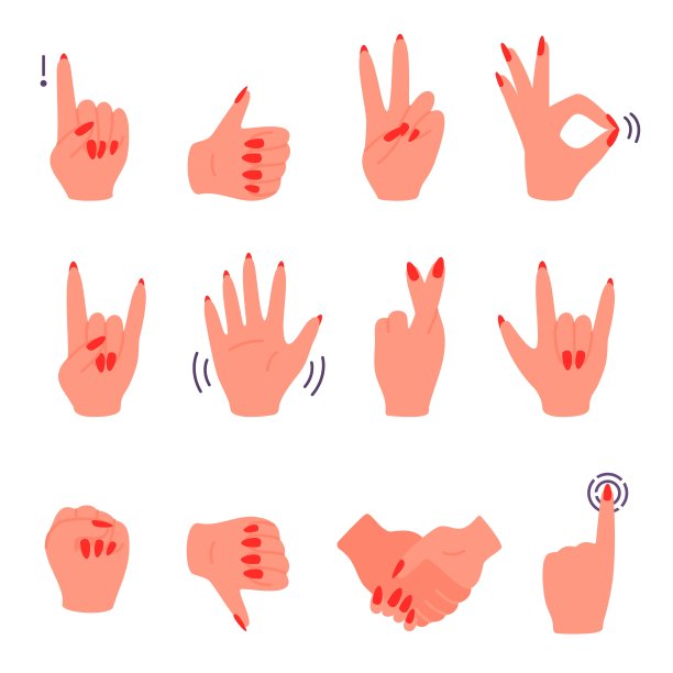 女人的手势与红色指甲美甲设置孤立的白色背景。竖起大拇指就可以了，平静和关注，喜欢和不喜欢。矢量卡通平面插图。图片下载