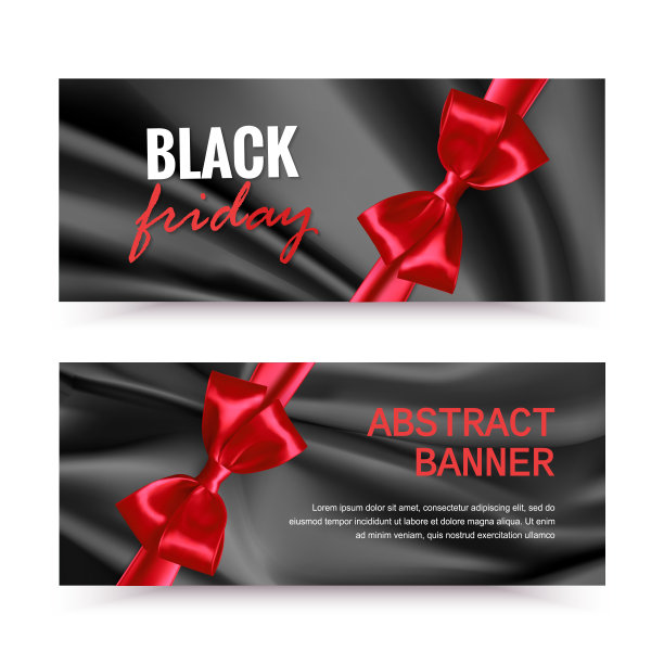 黑色星期五横横幅上系着红色蝴蝶结。黑色星期五的打折横幅，有波浪皱褶的丝绸质地背景，打折传单图片下载