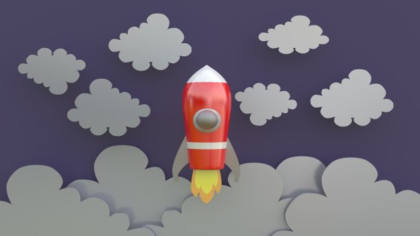 3d渲染，3d插画，卡通红色飞船穿过云层升入天空图片下载