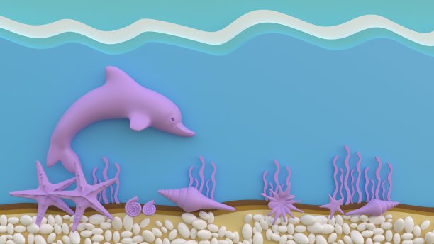 3d渲染，3d插画，海豚在海里游泳与珊瑚和海星图片下载