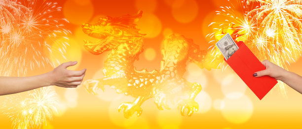 中国新年。中国新年的节日装饰。传统的礼物是放在红包里的钱。图片下载