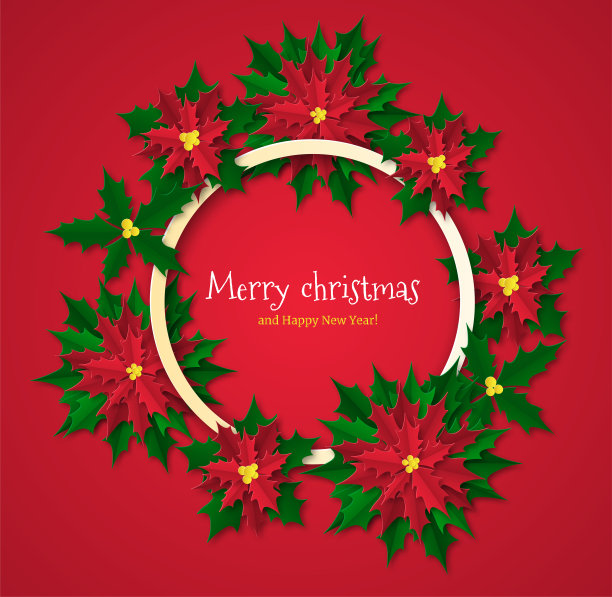圣诞和新年花环用一品红。剪纸设计海报和广告。框架模板与地方的文本。向量图片下载
