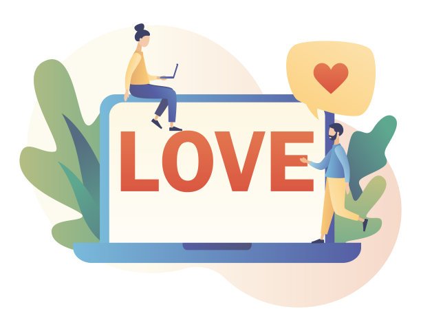 爱心小人与巨型LOVE字样情人节概念扁平风矢量插画图片下载