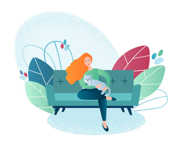 女孩抱着她的猫，以一个舒适的姿势坐在她房间的沙发上图片下载