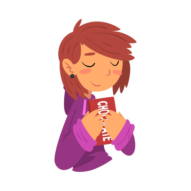 女孩吃巧克力，有趣的女孩卡通人物喜欢吃糖果矢量插图图片下载