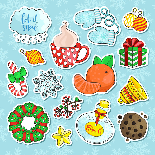 一套可爱的卡通冬季贴纸。图片下载