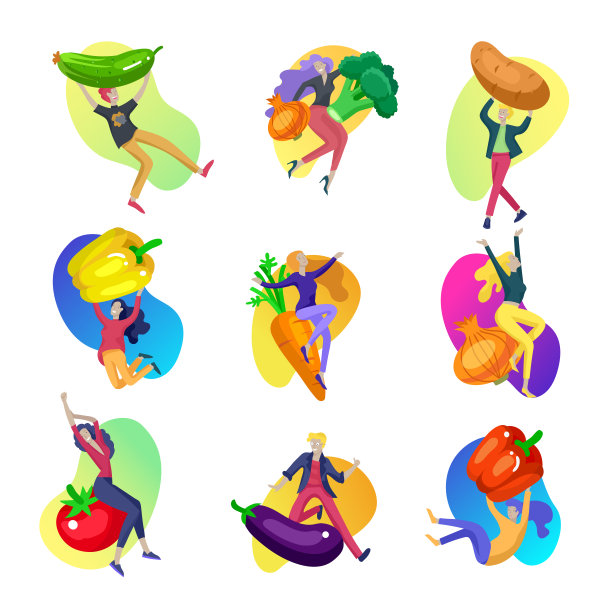 快乐的人们用蔬菜跳着舞。素食,健康的生活方式。素食食谱，素食食谱，不吃肉，环保。色彩斑斓的向量图片下载