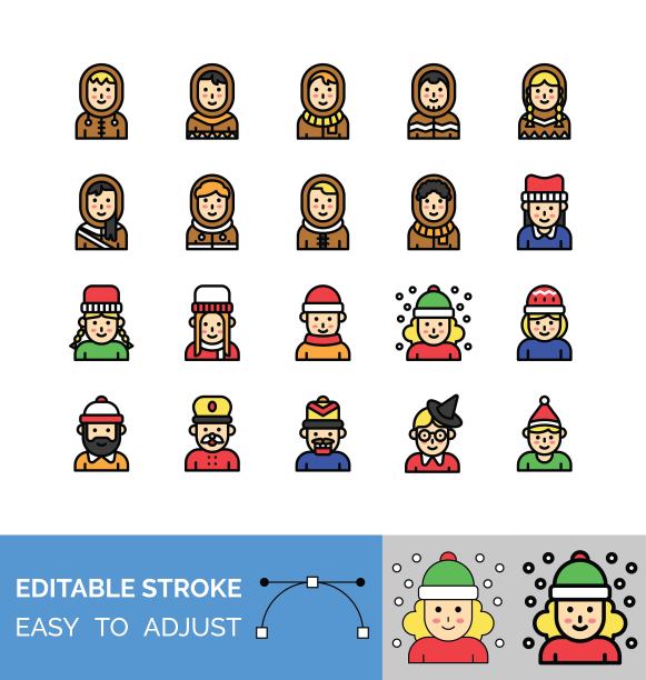 圣诞相关的太太，可爱的男孩，可爱的女孩，绅士，士兵，胡桃夹子和侏儒的化身与可编辑的笔触图片下载