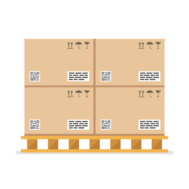 木质托盘上有易碎标志和条码的纸板箱。矢量插图。图片下载