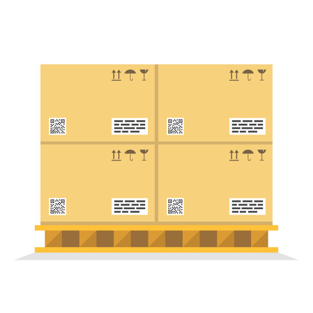 木质托盘上有易碎标志和条码的纸板箱。矢量插图。图片下载