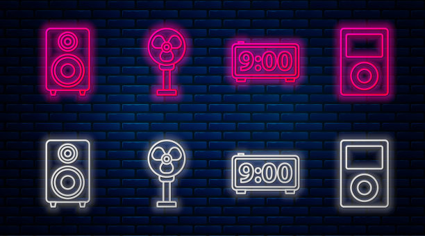 设置线路电风扇、数字闹钟、立体声扬声器、音乐播放器。砖墙上发光的霓虹灯图标。向量图片下载