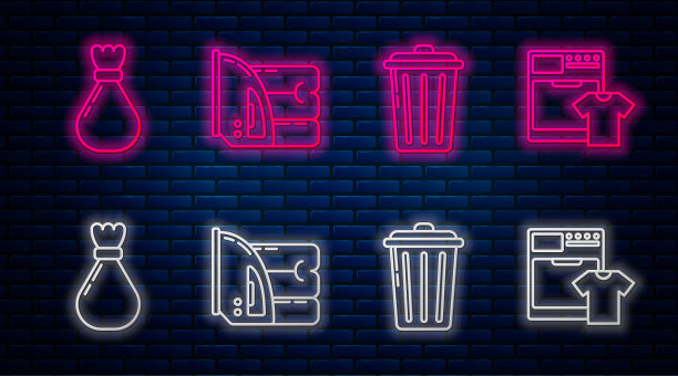 电熨斗、毛巾、垃圾桶、垃圾袋、洗衣机、t恤等。砖墙上发光的霓虹灯图标。向量图片下载