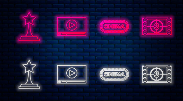 设置在线播放视频，电影海报设计模板，电影奖杯和播放视频。砖墙上发光的霓虹灯图标。向量图片下载