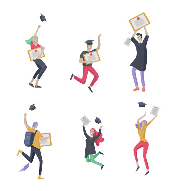 一群笑容可掬的毕业生，身着毕业礼服，手拿毕业证书，欢蹦乱跳。矢量插画概念毕业典礼卡通图片下载