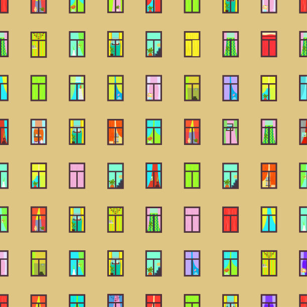 大型公寓楼外立面有灯光的窗户，无缝模式，傍晚全景多层城市住宅。多色光窗与各种物体和窗帘，矢量插图图片下载