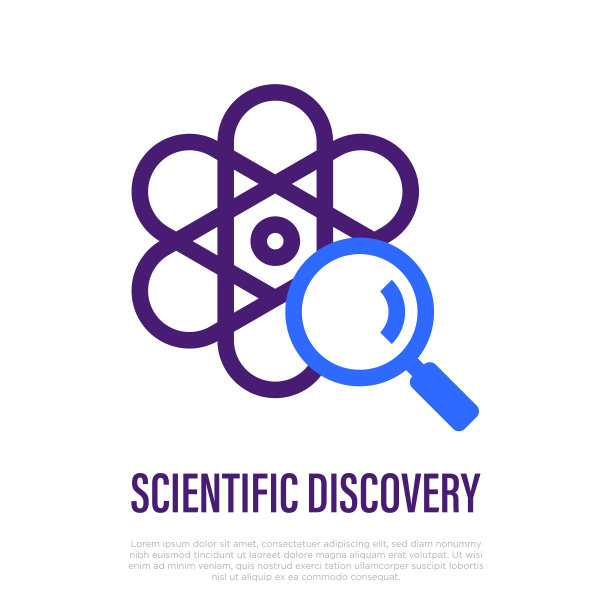 科学发现细线图标。原子模型与放大器。用于实验室研究的矢量图。图片下载