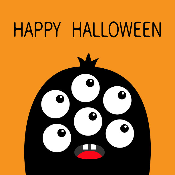 万圣节快乐。怪物头黑色的剪影。六只眼睛，牙齿，舌头。可爱可爱的卡通人物。宝贝孩子收集。孤立。橙色背景。平面设计。图片下载