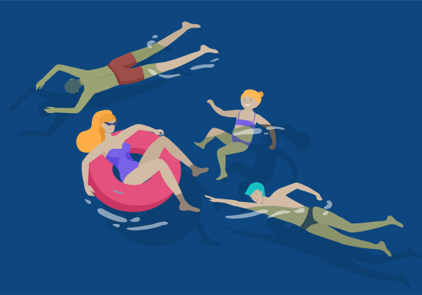 人们家庭和孩子在海、池或海洋表演活动。男人或女人穿着泳衣游泳，潜水，冲浪，躺在漂浮的气垫上，玩球。卡通向量图片下载