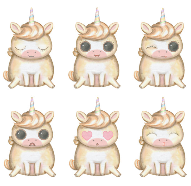 水彩画卡通可爱的小马与不同的情绪图片下载