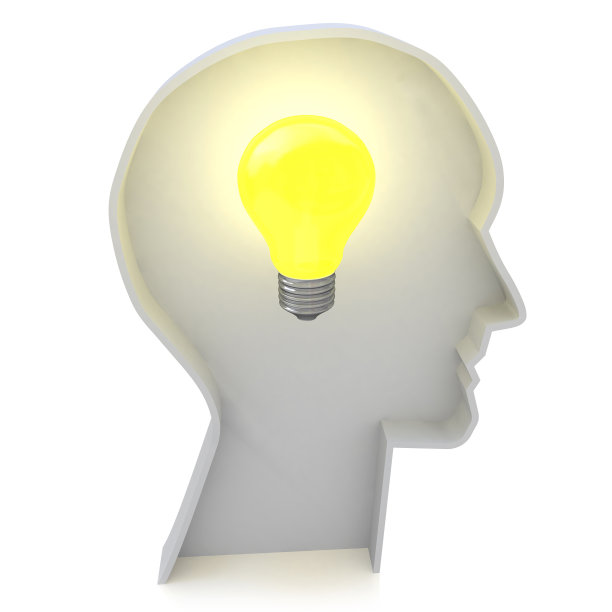 人的头部轮廓与一个灯泡-创意创意灯泡概念的信息设计相关的创意思维。三维演示图片下载