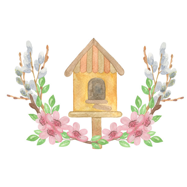 春季插画手绘水彩猫咪柳树和樱桃树枝和鸟的房子，春天的花木组成图片下载