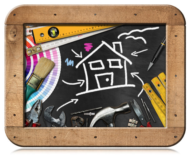 家居改善概念-工作工具和粉笔画的房子图片下载