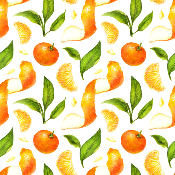 柑橘和绿叶水彩无缝图案图片下载
