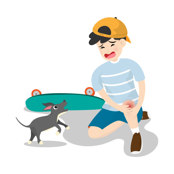 小男孩骑着滑板，摔倒膝盖疼痛孤立的背景。矢量插图在卡通人物扁平风格。素材图片