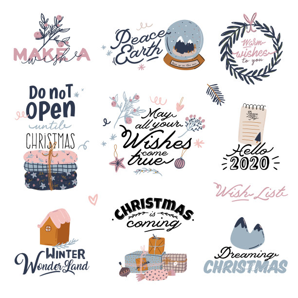 圣诞快乐或2020年快乐插画与节日字母和传统的冬季元素图片下载