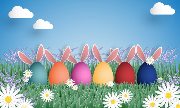 彩虹蛋，兔子耳朵上的草和花园里的白花。复活节在纸艺术风格。数字化工艺设计。图片下载