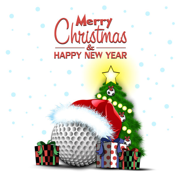 新年快乐。高尔夫球和圣诞树图片下载