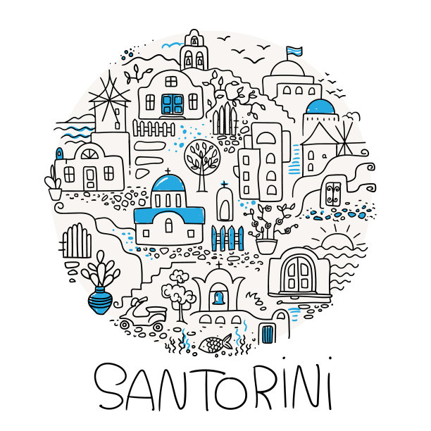 希腊圣托里尼矢量草图标志。以景观元素构成的圆形:房屋、圆顶、楼梯。盖茨。用于海报及纪念品的线条插图。图片下载