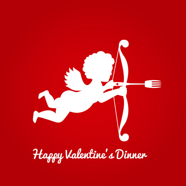快乐的情人节晚餐卡与丘比特剪影与叉箭。餐厅浪漫晚餐插图。孤立的红色渐变背景图片下载