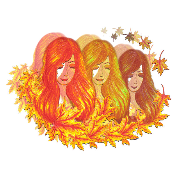 抽象孤立的画一个女孩和枫叶在一个白色的背景。秋天的构图，手里拿着彩色铅笔。秋天是女性的形象。打印衣服，封面，标志图片下载