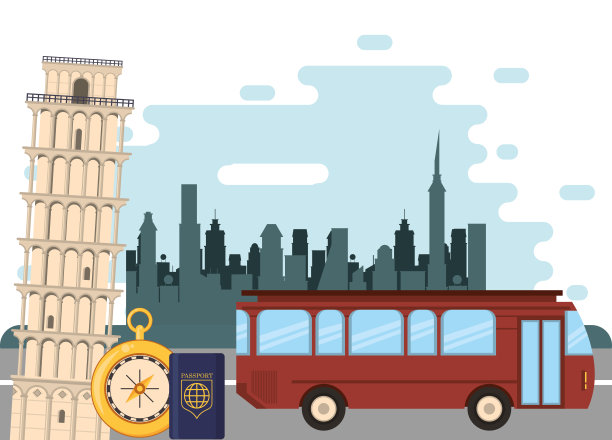 世界旅游场景与巴士和图标图片下载