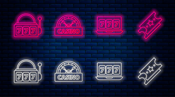 设置线赌场招牌，在线老虎机与幸运七头奖，老虎机与幸运七头奖和彩票。砖墙上发光的霓虹灯图标。向量图片下载
