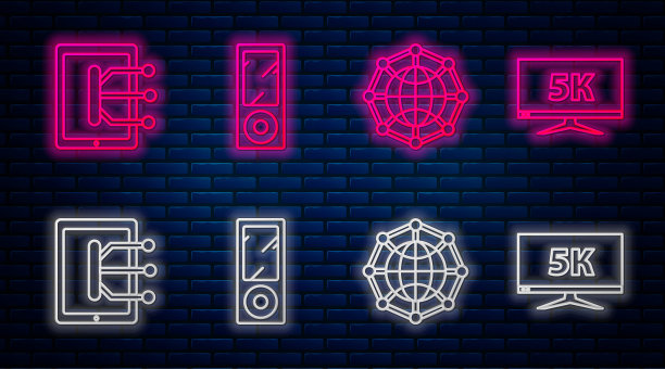集音乐播放器，全球科技或社交网络，平板电脑和显示器显示与5k视频。砖墙上发光的霓虹灯图标。向量图片下载