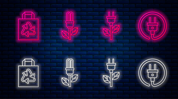 带叶片的灯泡，插在叶片上的节电插头，带循环利用和电插头的购物纸袋。砖墙上发光的霓虹灯图标。向量图片下载