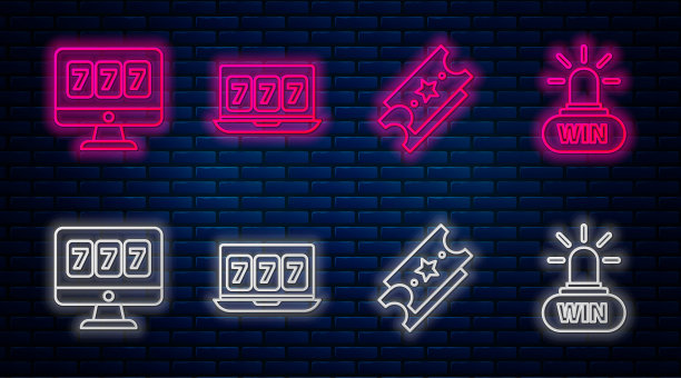 设置线在线老虎机与幸运七头奖，彩票，在线老虎机与幸运七头奖和赌场赢。砖墙上发光的霓虹灯图标。向量图片下载