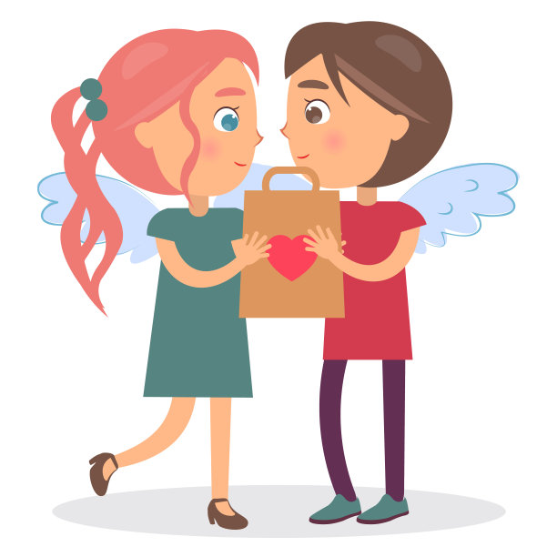 男孩将送礼物盒心形标志给女孩图片下载