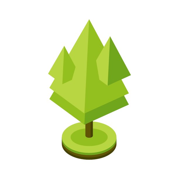 三维等距程式化的绿树。城市植物。几何金字塔形状图标的等角地图，游戏和设计。矢量插图。图片下载