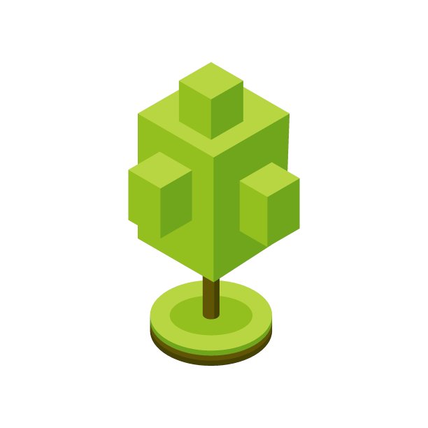 三维等距程式化的绿树。城市植物。几何棱柱形状图标的等角地图，游戏和设计。矢量插图。图片下载