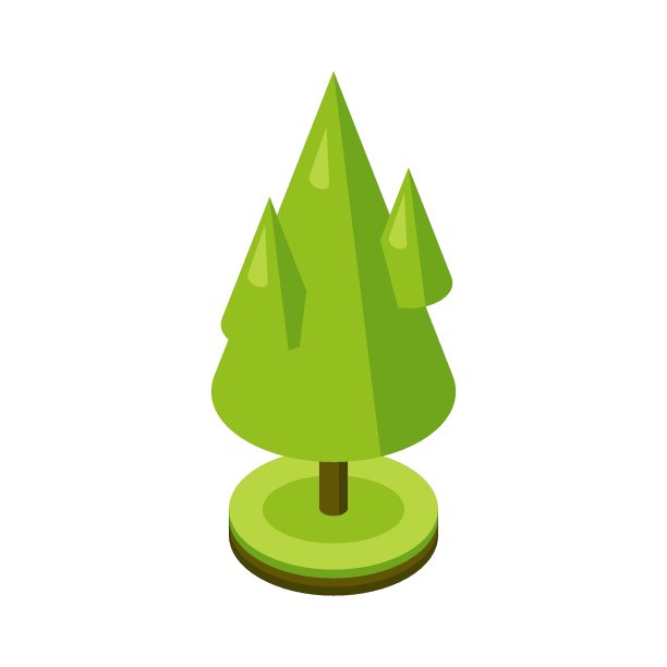 三维等距程式化的绿树。城市植物。几何锥体形状图标的等角地图，游戏和设计。矢量插图。图片下载