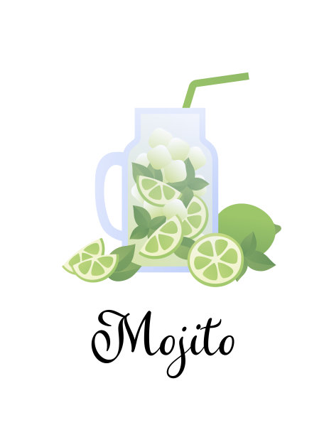 矢量现代平面莫吉托鸡尾酒插图。玻璃与吸管，青柠，薄荷和冰饮料孤立在白色与黑色文字。酒精饮料菜单、广告、餐厅、咖啡厅设计元素。图片下载