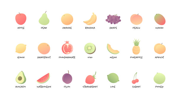 向量颜色蔬菜水果集。现代风格的平面插图与文字下的每一个图片孤立的白色背景。设计元素为网页，素食，夏季，菜单，维生素。图片下载