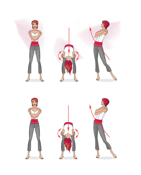 日本式的练习。女孩在训练。伸展肌肉，保持平衡，身体前倾。孤立在白色和灰色背景。图片下载