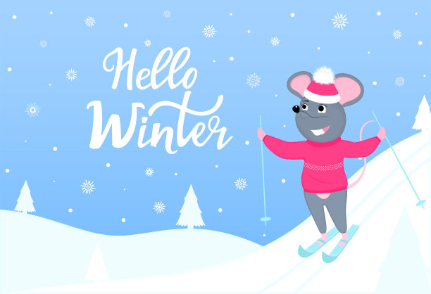 老鼠在滑雪。你好冬季横向横幅与冬季景观。2020年和圣诞节贺卡图片下载