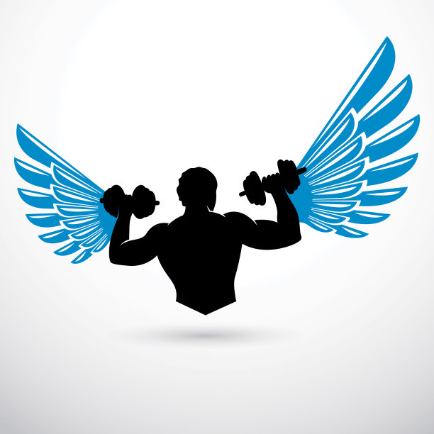 矢量插图的强壮的男子身体剪影抱着哑铃。健身教练。图片下载