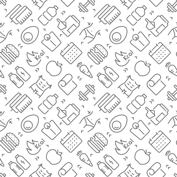 健身和饮食相关的无缝模式与轮廓图标图片下载